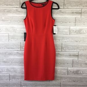 EVA LONGORIA NWT Sz 8 Sheath Wiggle Dress Red Sleeveless Black Faux Leather Trim